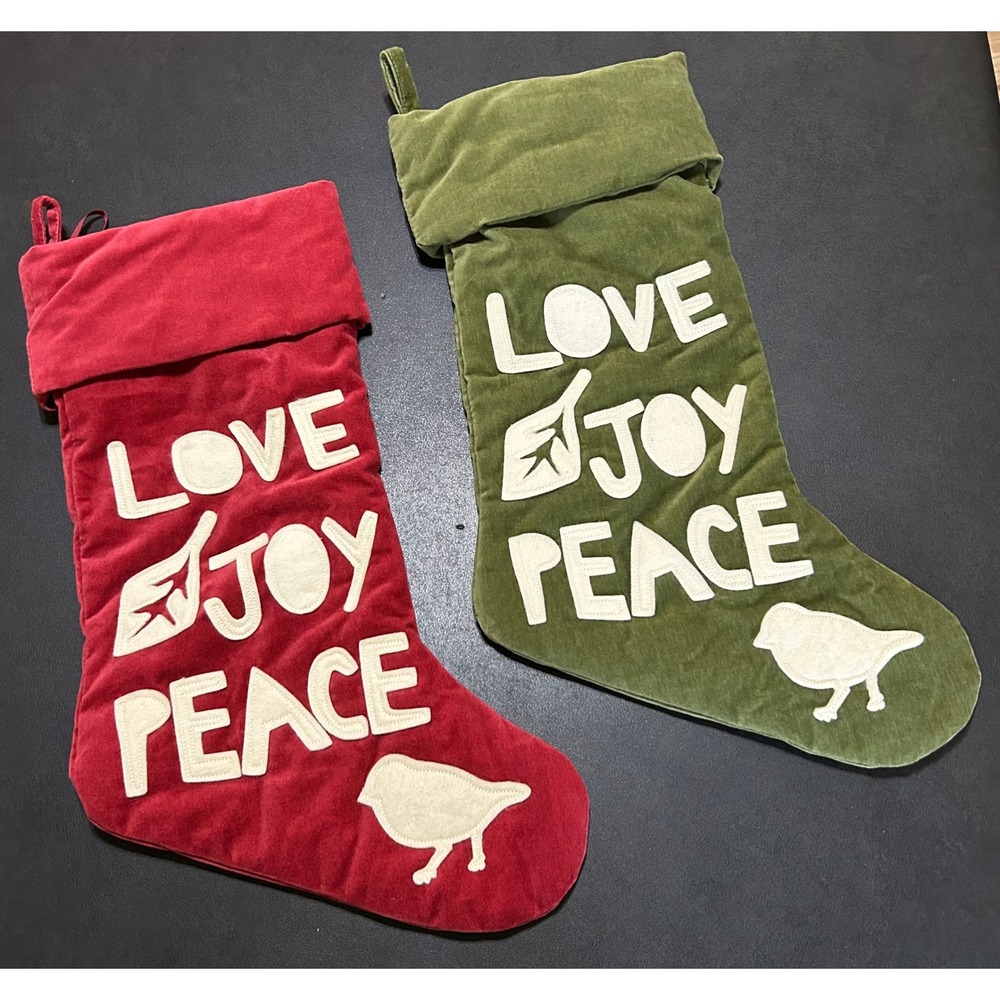 Pottery Barn Christmas Stockings SET/2 Velvet Love Joy Peace Cotton Wool 2008